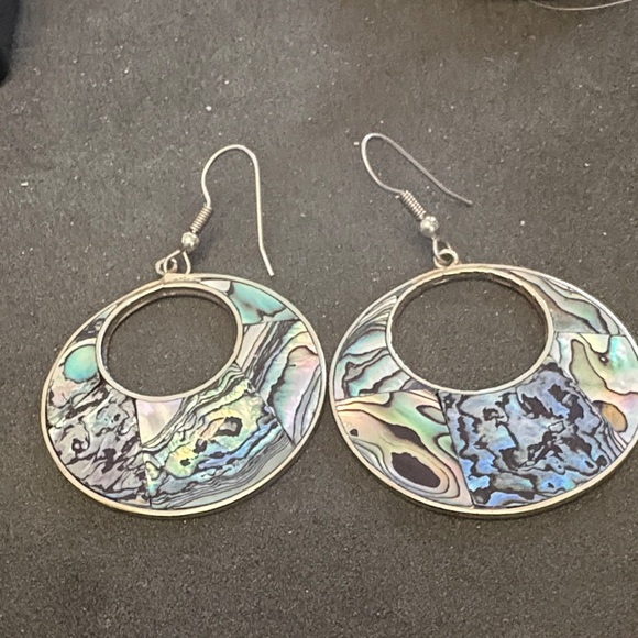 Vintage Alpaca Silver Mother Of Pearl Hoop Drop Earrings - Picture 5 of 8